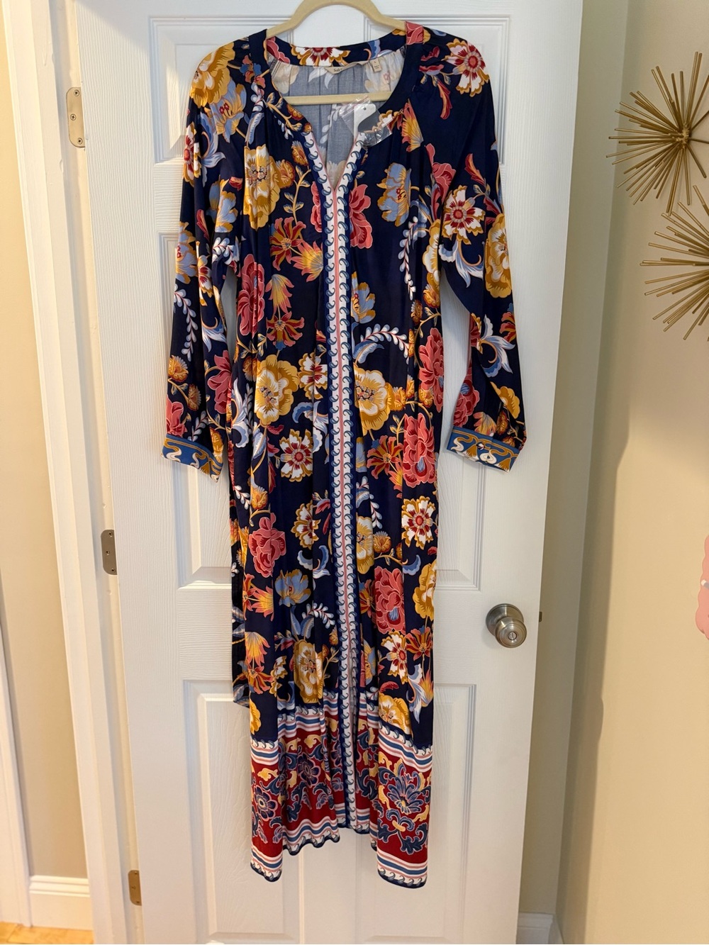 Soft Surroundings Navy Floral Maxi Dress with Mustard and Coral